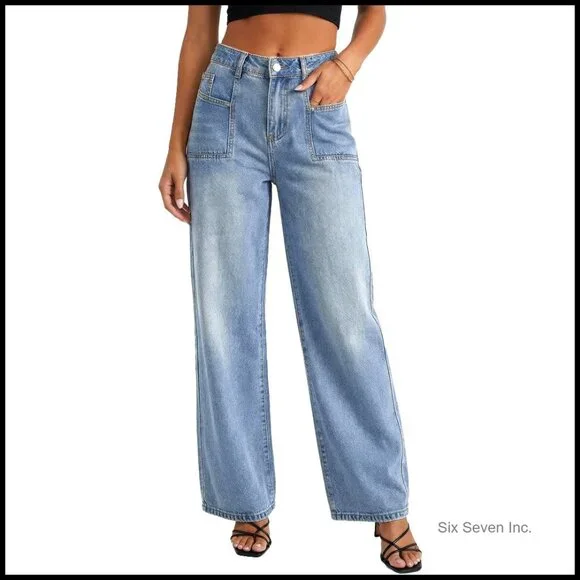 Baggy Wide Leg Jeans Y2K Vintage Boyfriend Denim Pants Mid Rise Soft Stretch - Picture 1 of 5